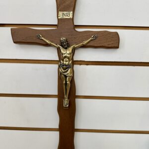 Cruz de Parede em Madeira Trabalhada e Metal Dourado - 50cm